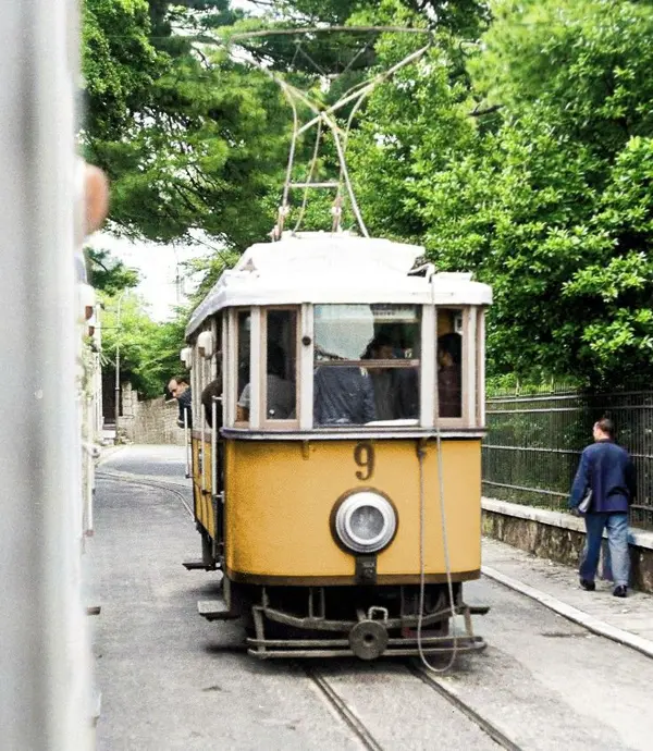 historic colorized photo of Dubrovnik public tram.