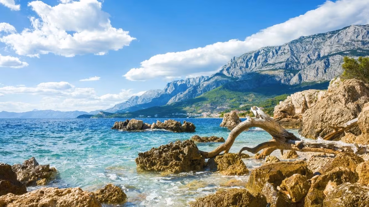 Adriatic coastline of Croatia with islands and seaside towns.