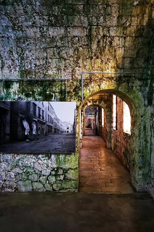 hoto wall of wartime images inside the Homeland War Museum at Fort Imperial.