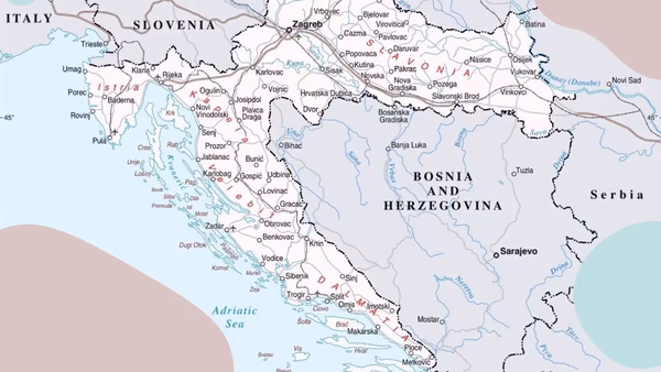 Geographical map of Croatia showing regions, borders and Adriatic coastline.