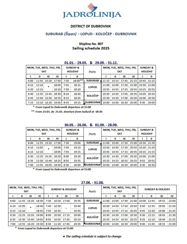 adrolinija passenger line 807 timetable: Dubrovnik–Koločep–Lopud–Šipan