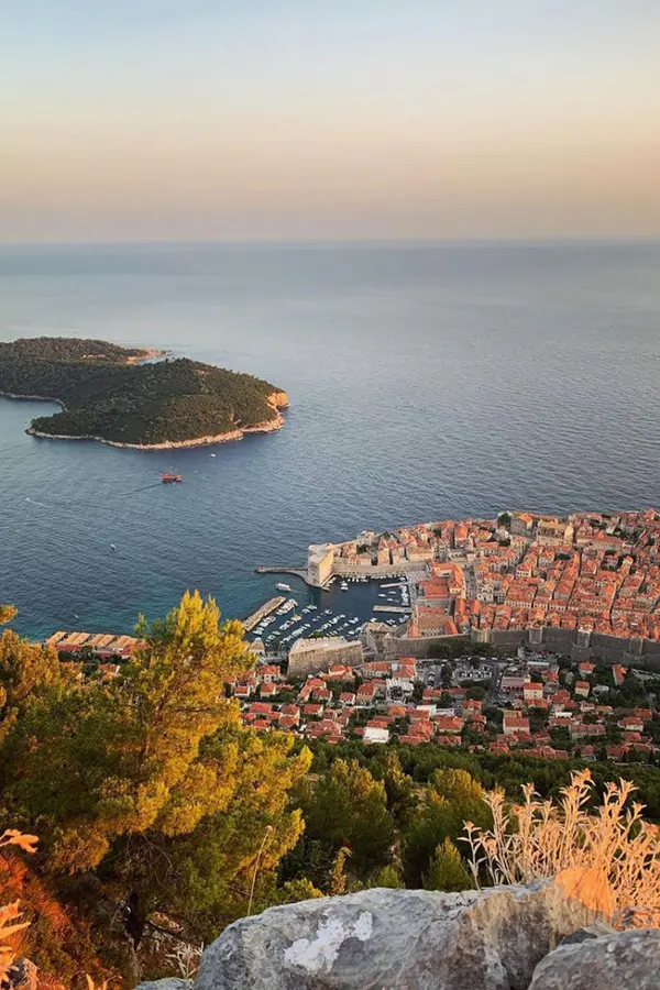 View of Dubrovnik Old Town and the sea from the Mount Srđ hiking path.
