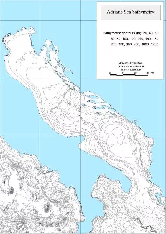 Bathymetric map of the Adriatic Sea showing depth contours.