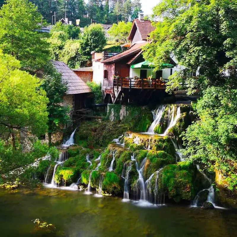 Watermills and waterfalls weaving through the village of Rastoke.