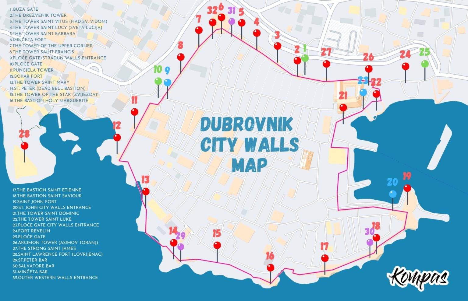 Detailed Dubrovnik Walls map showing forts, towers, bastions, bars and entrances.
