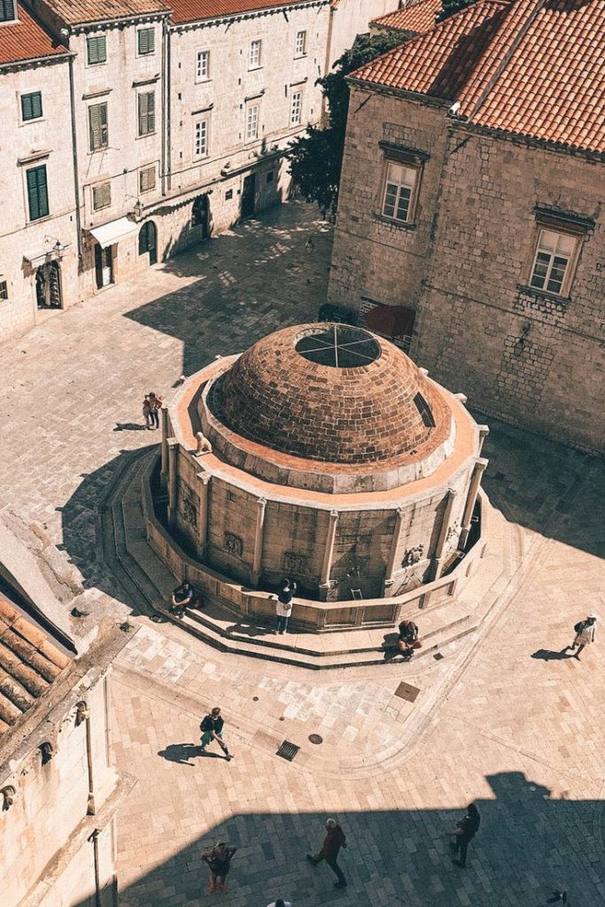 View down Stradun and Large Onofrio fountain from City Walls.