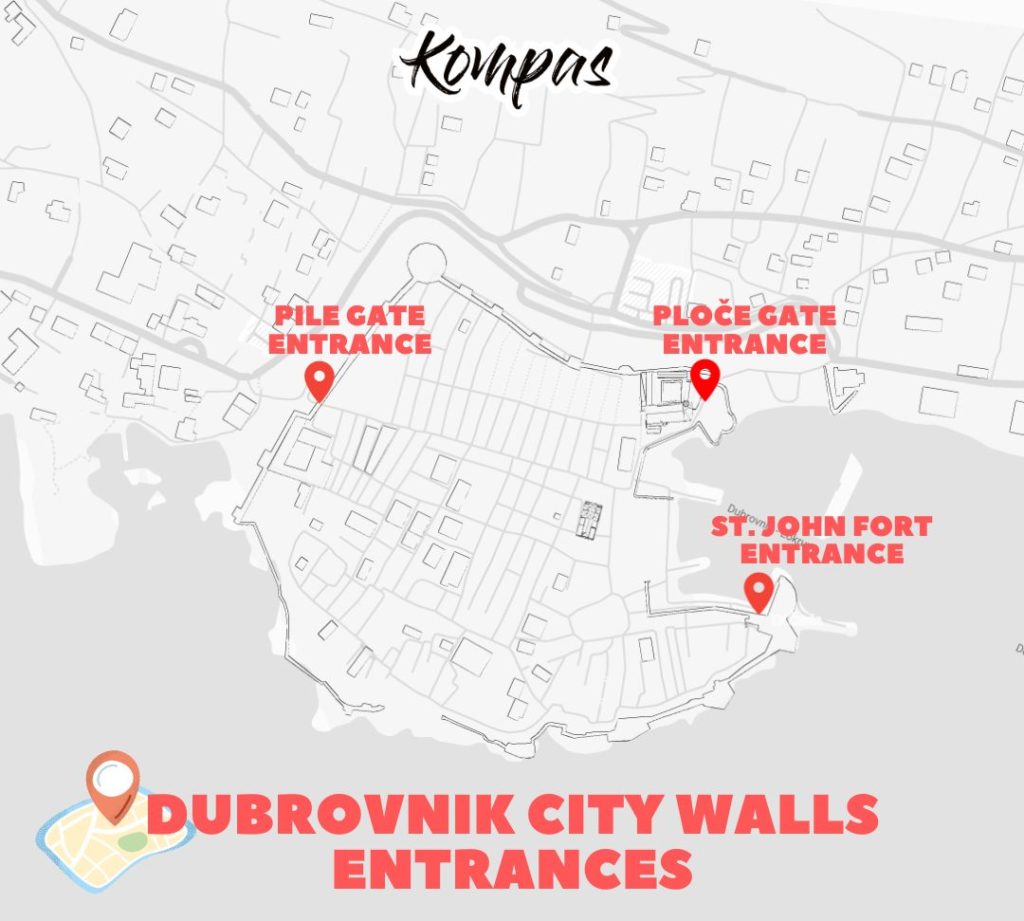 Map of Dubrovnik Old Town showing City Walls entrances: Pile Gate, Ploče Gate, and St. John Fort.