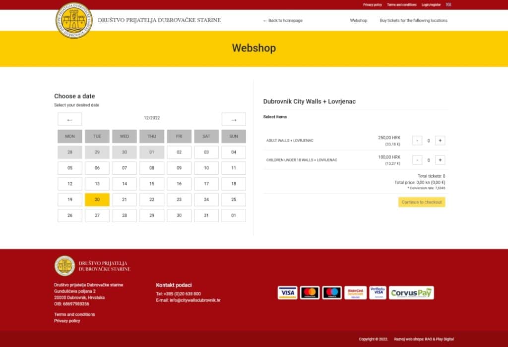 Webshop screenshot showing Dubrovnik City Walls tickets